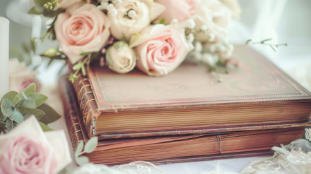Wedding photo album with flowers on a wooden backgroundの素材