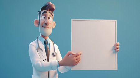 Medical specialist holding a blank poster illustration in cartoon style.の素材