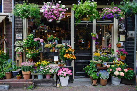 A flower shop, beautiful colorful flowers outdoors.の素材