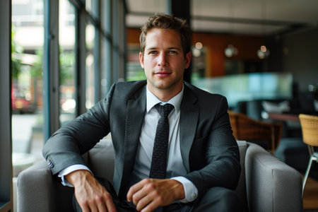 Finance manager professional employee sitting in a corporate head office with a nice suit.の素材
