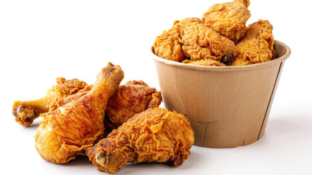 Collection of golden brown and crispy roasted Fried chicken served on a brown paper bucket isolated on white background.の素材