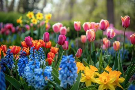 Colorful tulips, narcissus, hyacinths, lilies, hydrangeas, flowers in spring park.の素材