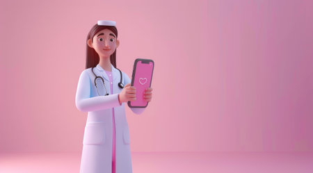 Smartphone screen with a woman doctor. Online consultation, medical services. Illustration in cartoon style.の素材
