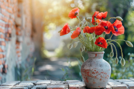 Vase with poppy flowers on table on brick wall background in garden.