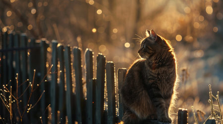 Cat sitting on a fenceの素材