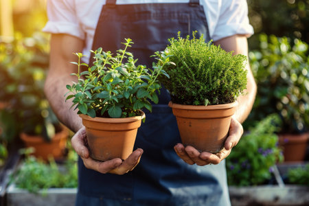 Two pots of fresh green herbs plants in a man's hand in a plant shopの素材