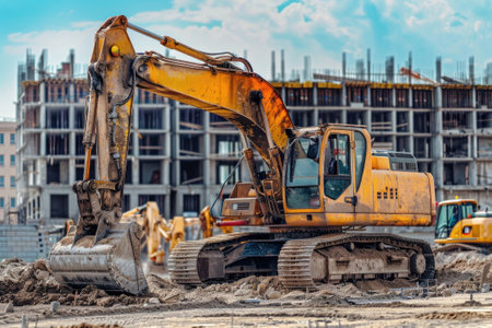 An excavator in the sand at a construction site.の素材