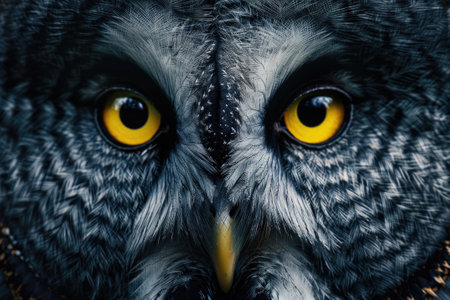 Eyes of a great gray owl or lapland owl (Strix nebulosa) on the black background.の素材