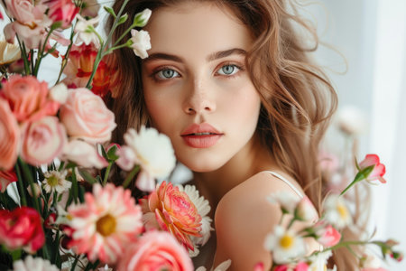 Beautiful modern woman with a bouquet of flowersの素材
