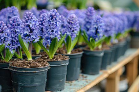 Many blue violet flowering hyacinths in pots are displayed on shelves in floristic stores or at street markets.の素材