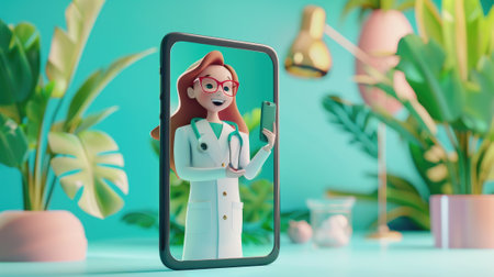 Smartphone screen with a woman doctor. Online consultation, medical services. Illustration in cartoon style.の素材