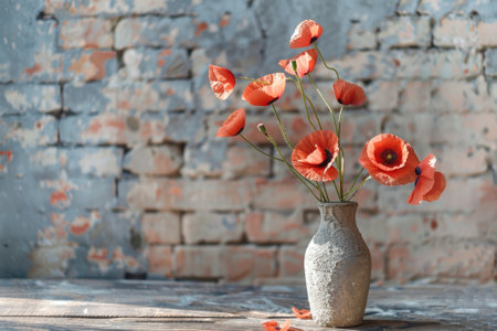 Vase with poppy flowers on table on brick wall background in garden.の素材