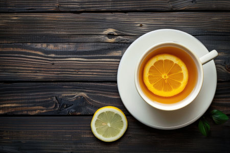 A cup of tea with lemon high angle view on a dark wooden background space for text.の素材