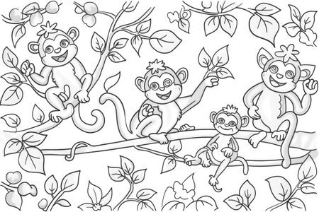 Coloring book for children, monkeys playing on the treesの素材