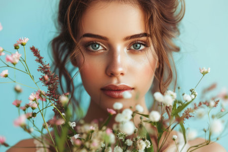Beautiful modern woman with a bouquet of flowersの素材