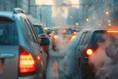 Transportation travel traffic jams on roads with air pollution, smoke from car exhaust pipes.の素材