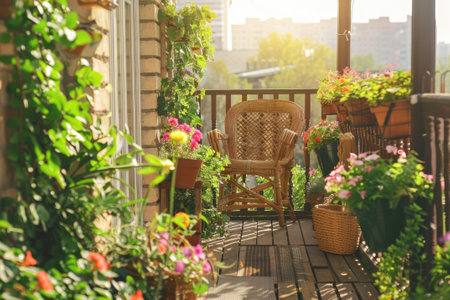 Beautiful balcony or terrace with chairs, natural material decorations and green potted flowers plants.の素材