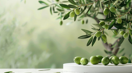 Product display podium for natural products. Empty scene with olive tree branch cosmetic mockup cleanの素材