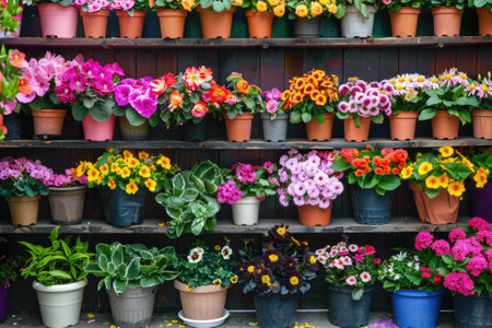 Many colorful blooming flowers in pots are displayed on shelves in floristic stores or at street markets. Spring planting.の素材