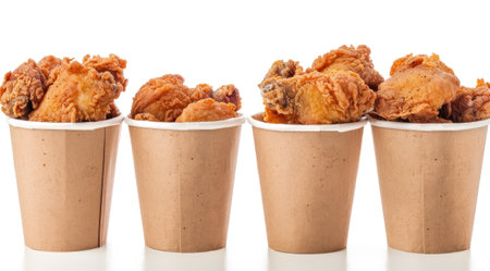 Collection of golden brown and crispy roasted Fried chicken served on a brown paper bucket isolated on white background.の素材