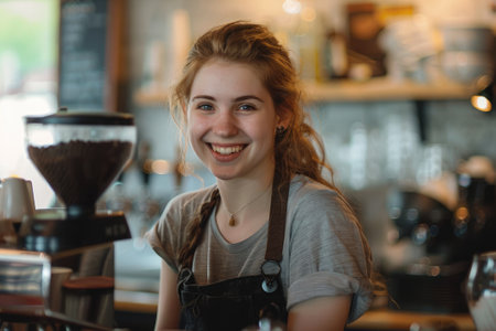 Beautiful female barista and smiles while working behind the bar counter in a cafe.の素材
