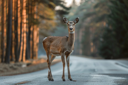 Deer standing on the road near forest at early morning or evening time. Road hazards, wildlife and transport.の素材
