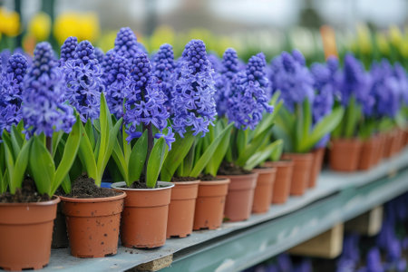 Many blue violet flowering hyacinths in pots are displayed on shelves in floristic stores or at street markets.の素材
