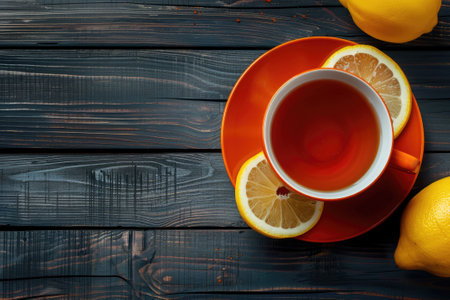 A cup of tea with lemon high angle view on a dark wooden background space for text.の素材
