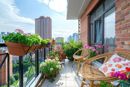 Beautiful balcony or terrace with chairs, natural material decorations and green potted flowers plants.の素材