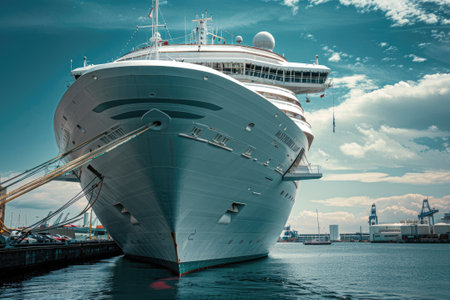 Large cruise ship docked in port close up.の素材