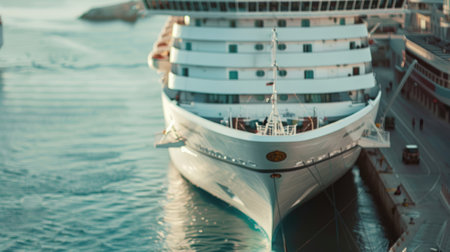 Large cruise ship docked in port close up.の素材