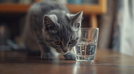 Portrait of a cat looking at a glass of water.の素材