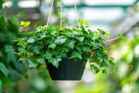 The concept of home and garden of strains of ivy grown in a hanging basket on plant nursery, Ornamental creepers.の素材