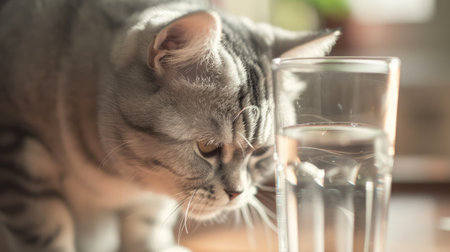 Portrait of a cat looking at a glass of water.の素材