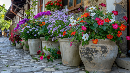 Decorative flowers in cement pots.の素材