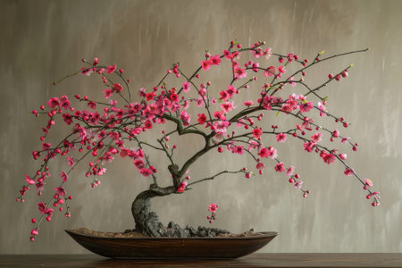 Japanese traditional style flower arrangement "Ikebana" exhibition with lots of cherry blossom flowersの素材