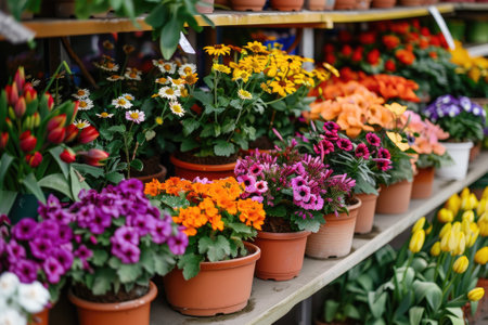 Many colorful blooming flowers in pots are displayed on shelves in floristic stores or at street markets. Spring planting.の素材