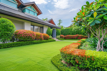 Front yard, landscape design with multicolored shrubs intersecting with bright green lawns behind the house is a modern, garden care service, green grass with a beautiful yard for the background.の素材
