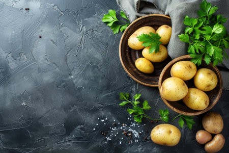 Raw potatoes on black background, space for text.の素材