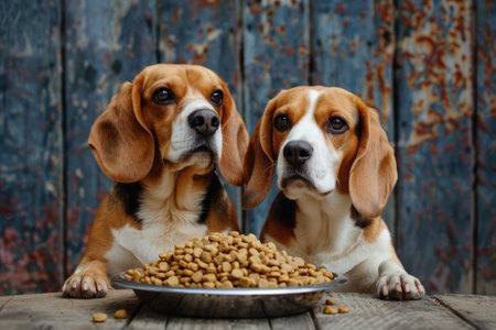 Two beagle dogs seated with a dish of dry food.の素材