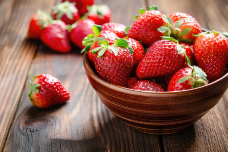 Fresh strawberries in a bowl on wooden table.の素材
