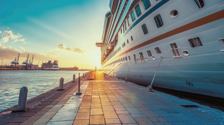 Large cruise ship docked in port close up.