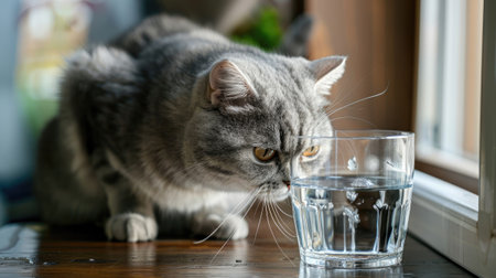 Portrait of a cat looking at a glass of water.の素材