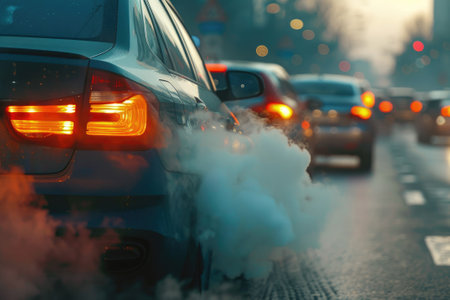 Transportation travel traffic jams on roads with air pollution, smoke from car exhaust pipes.の素材