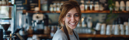 Beautiful female barista and smiles while working behind the bar counter in a cafe.の素材