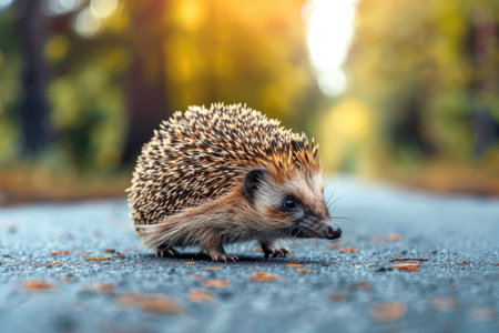 Hedgehog standing on the road near forest at early morning or evening time. Road hazards, wildlife and transport.の素材