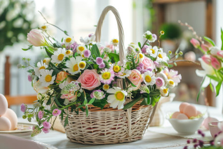An Easter flower arrangement bouquet in a basket with Easter eggs stands on the festive dining table on Easter morning.の素材