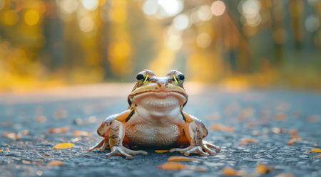 Frog standing on the road near forest at early morning or evening time. Road hazards, wildlife and transport.の素材
