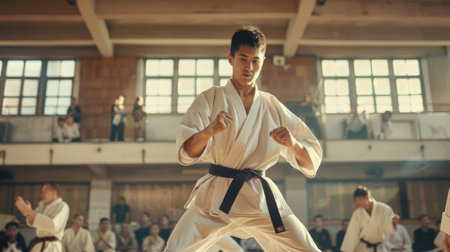 Karate or Judo asian martial art training in a dojo hall. young man wearing white kimono and black belt fighting learning, exercising and teaching. students watching in the background.の素材