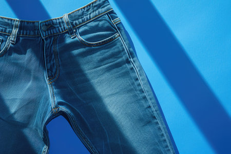Blue denim jeans isolated on blue background. Fashion shot.の素材